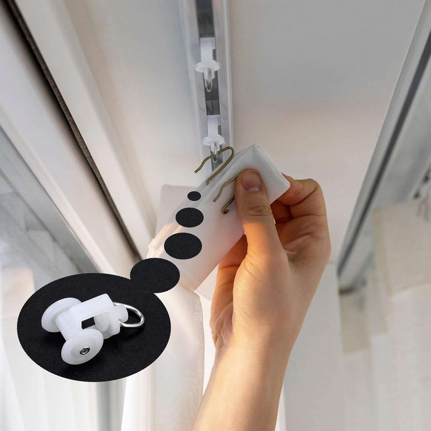Barydat 100 Pcs Curtain Track Gliders Dual Wheel Plastic Mute Rollers for Ceiling Drapes & Room Dividers Plastic Shower Rail Hooks Compatible with Most Tracks Easy Install