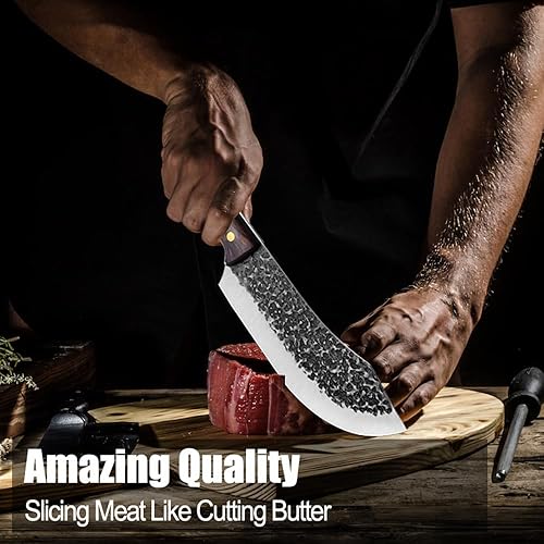 Miniatura 9 de ROCOCO Cuchillo de carnicero para cortar carne forjado a mano de 7 pulgadas afilado de espiga completa para cocina, cuchillos de cocina para el