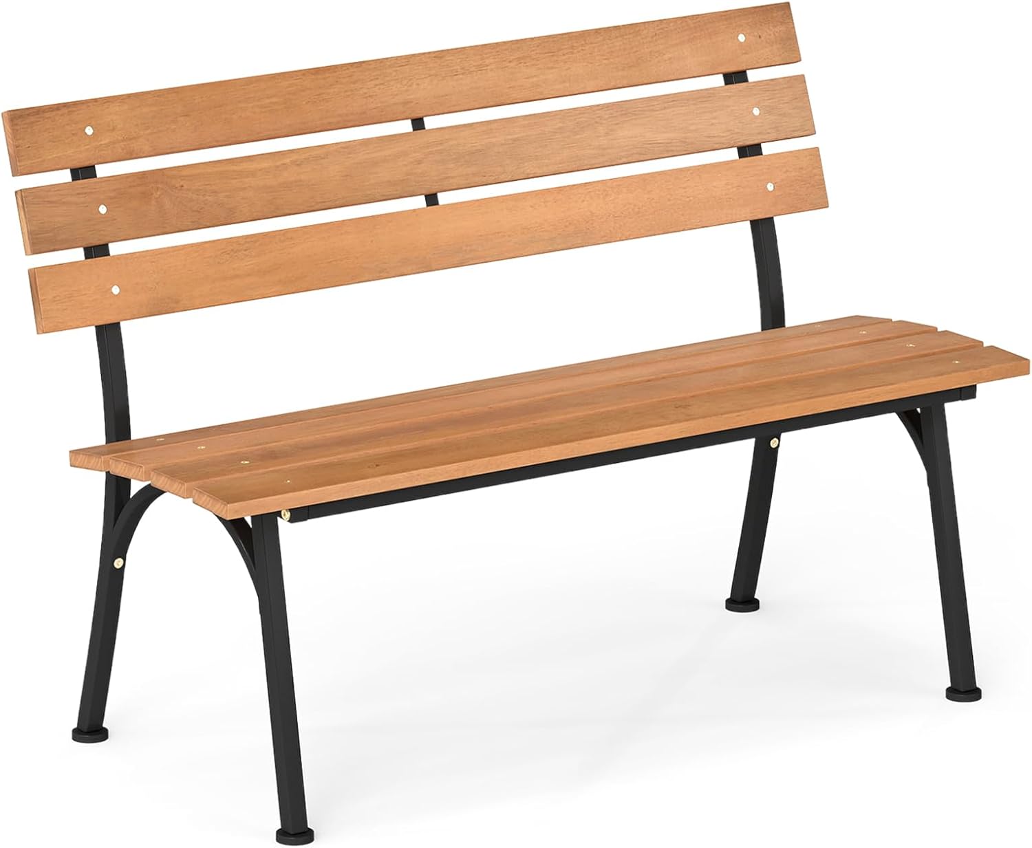 Tangkula Acacia Wood Outdoor Bench with Backrest, Patio Loveseat with Heavy Duty Metal Frame, Slatted Backrest and Seat, Park Bench for Outside Front Porch, Garden and Backyard