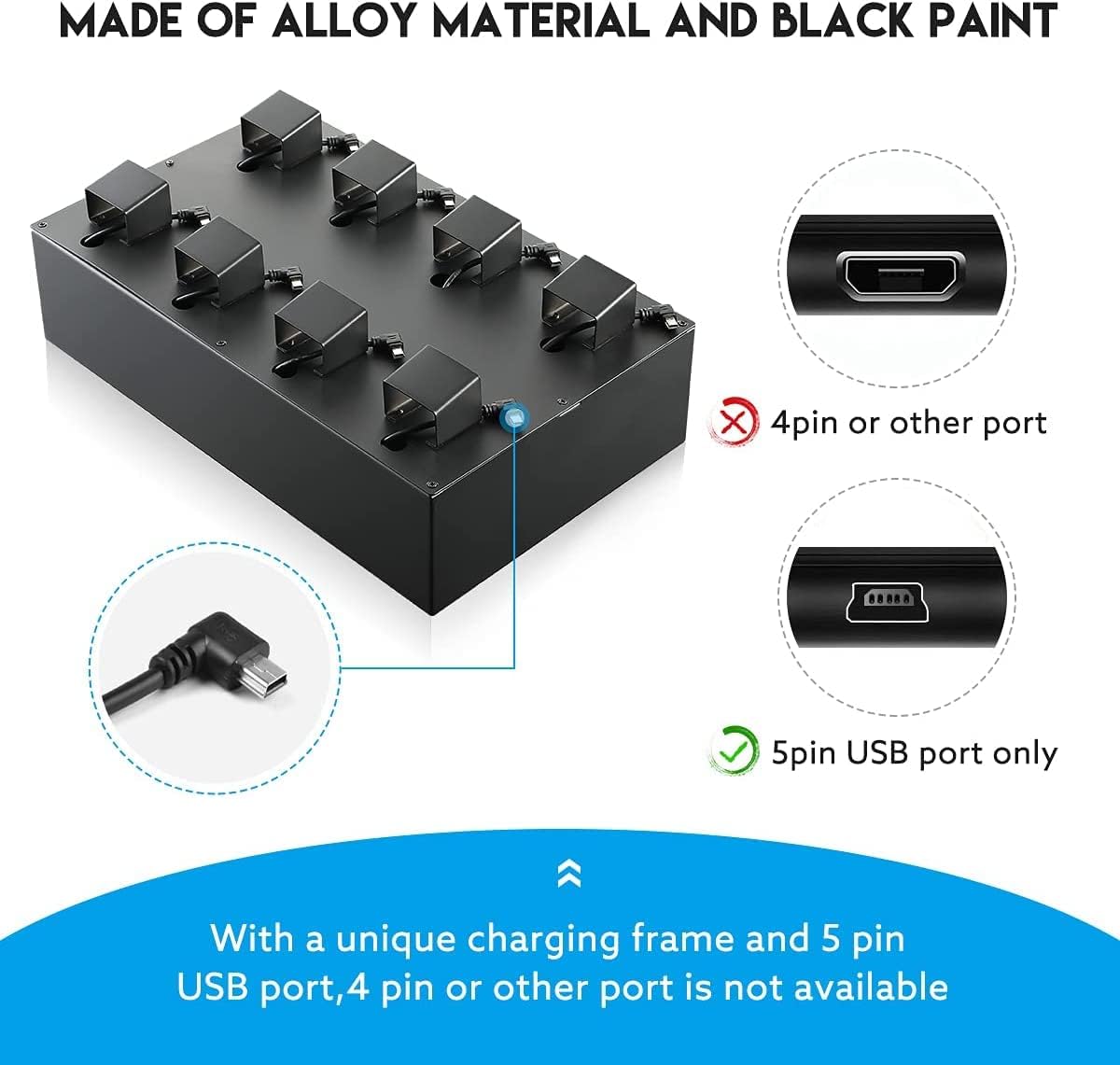 Close-up of the 5-pin Micro USB connector and a note about 4-pin incompatibility