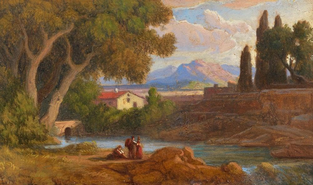 Adrian Ludwig Richter 24x16 Black Modern Framed Art Print Titled: Landscape near the Sabine Mountains (Rocca Di Mezzo) (1825)