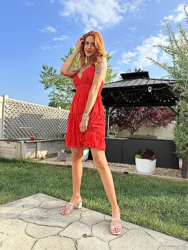 ECOWISH Summer Dresses for Women 2025 V-Neck Spaghetti Strap Bowknot Backless Sleeveless Lace Mini Swing Skater Dress Red Large