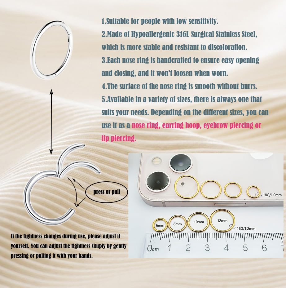 16G Surgical Stainless Steel earrings for women 6-8-10-12mm| Gold/Silver Septum rings Hinged Clicker Segment Nose Rings Helix Cartilage Daith Tragus Hypoallergenic sleeper hoop Earrings Body Piercing jewelry for Women Men earrings set 4pair/8PCS3