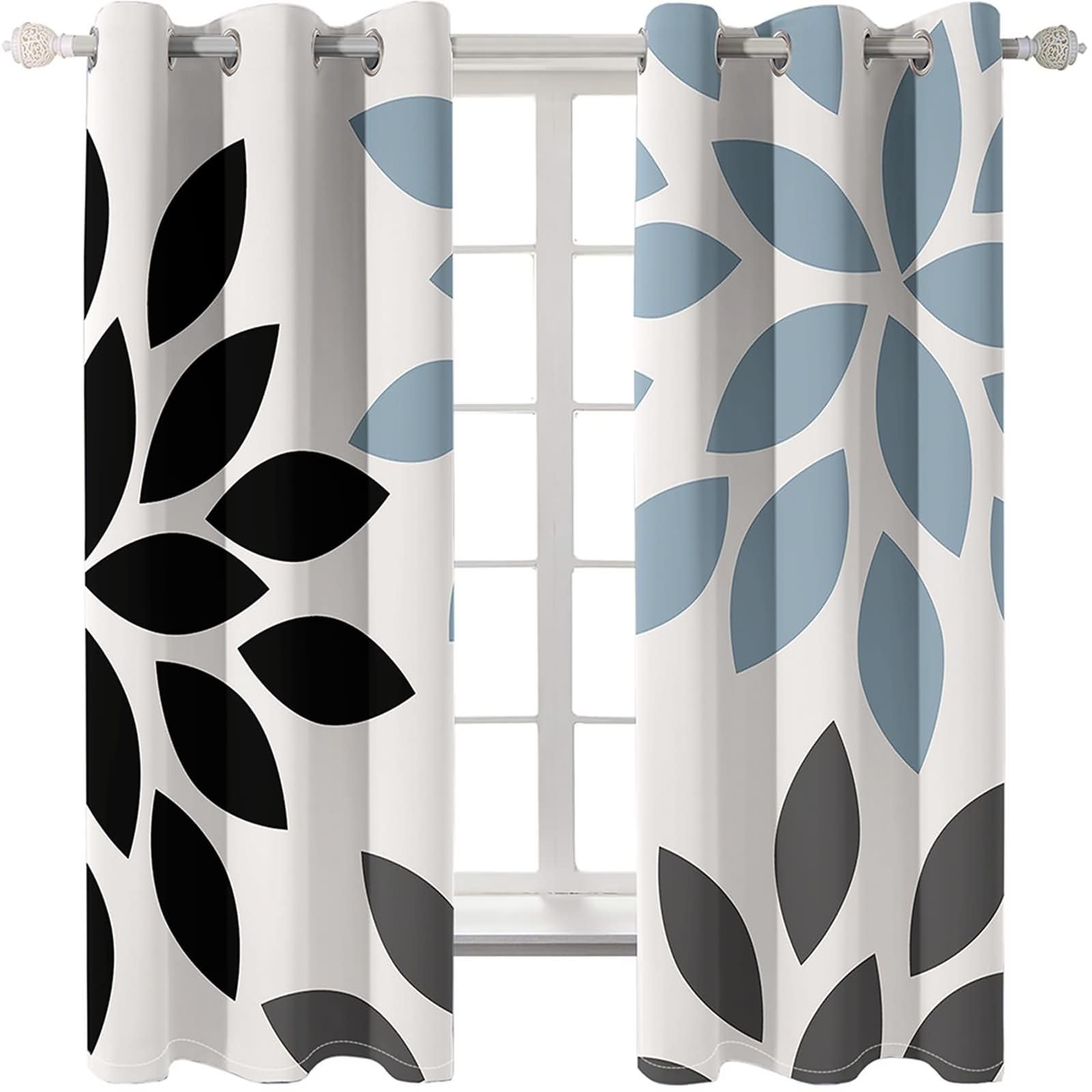 2 Stück Gardinen Blickdicht Schlafzimmer,2 x 234W x 274H cm,Vorhänge Ösen Küche Blütenblattmuster Gardine Vorhang für Küchen Schwarz Blau