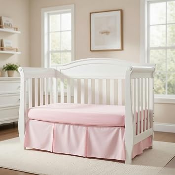 EVERYDAY KIDS Light Pink Pleated Crib Skirt; 100% Natural Cotton Nursery Crib Bedding Skirt for Baby Boys and Girls; Crib Dust Ruffle with Split Corners for Easy On and Off, 14 Inch Drop