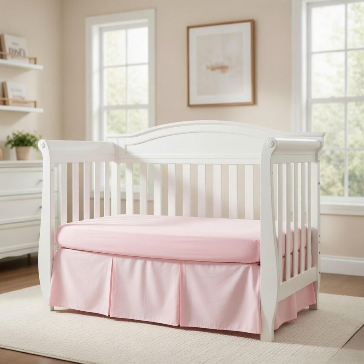 EVERYDAY KIDS Falda de cuna plisada color rosa claro; 100% algodón natural para bebé, niños y niñas; volantes antipolvo para cuna con esquinas divididas para fácil poner y quitar, caída de 35 cm
