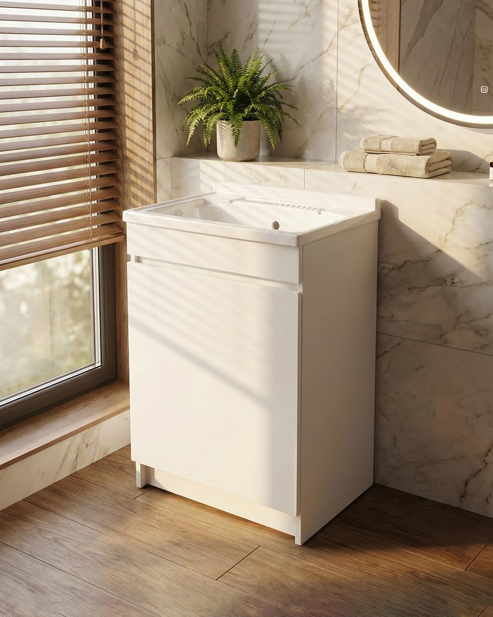 Delmar Mobile Lavatoio in Legno Nobilitato, Bianco, 60x45 cm Altezza 85 cm, Con Sportello Push e Lavabo Pila Pilozzo in Resina, Made in Italy, Già Montato per Bagno e Lavanderia