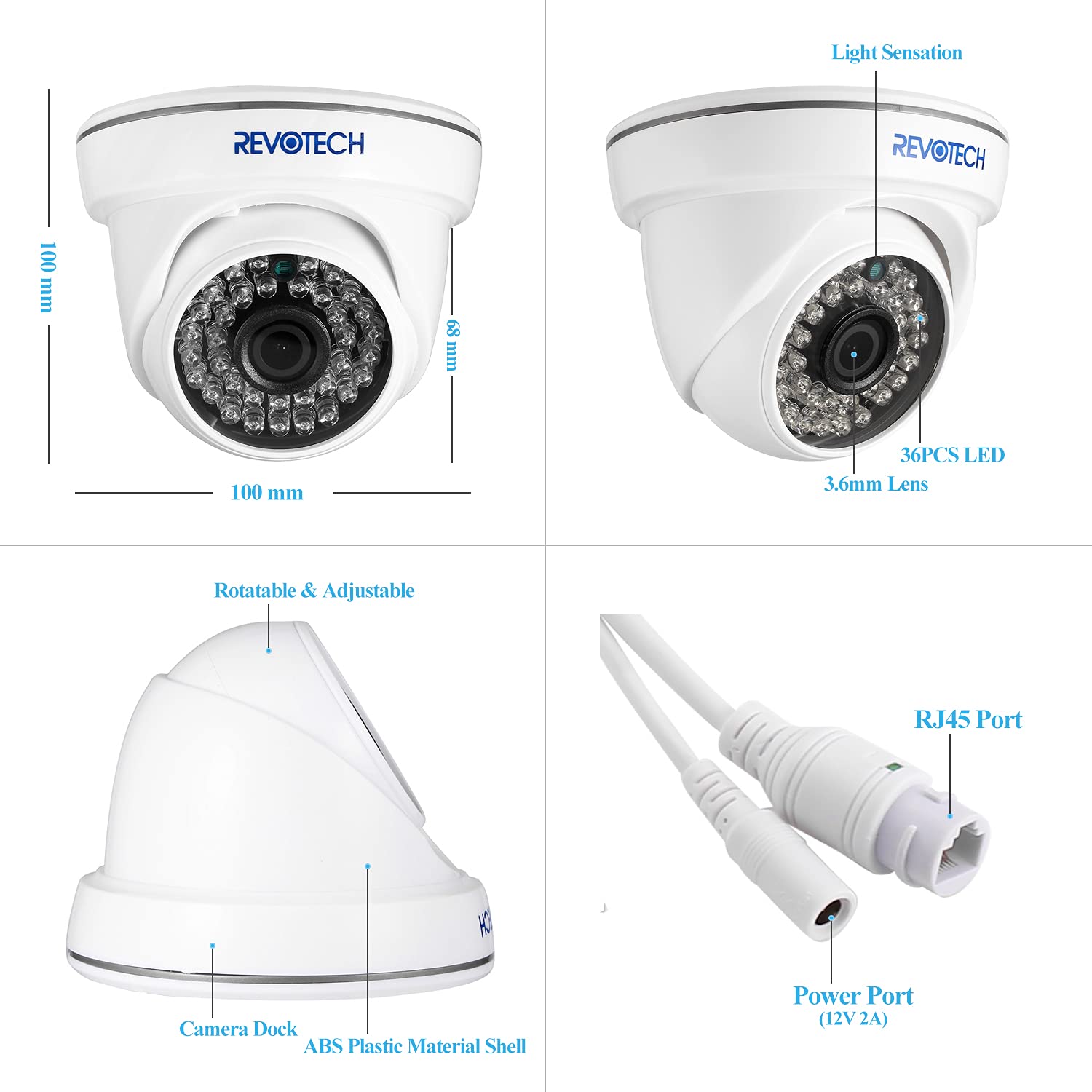 Revotech Telecamera IP a cupola da 3MP per interni, telecamera di sicurezza domestica HD 3MP H.265, 36pcs IR LED Night Vision, P2P Remote View (I3012-FHW)