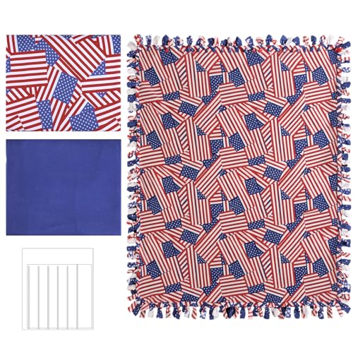 HunnmingRe 3 Pcs DIY Tie Blankets Fleece Kit No Sew Blanket Kit Include 50x60 Inch No Sew Fleece Fabric and Ruler Template DIY Throw Making for Bed Couch(Patriotic American Flags)