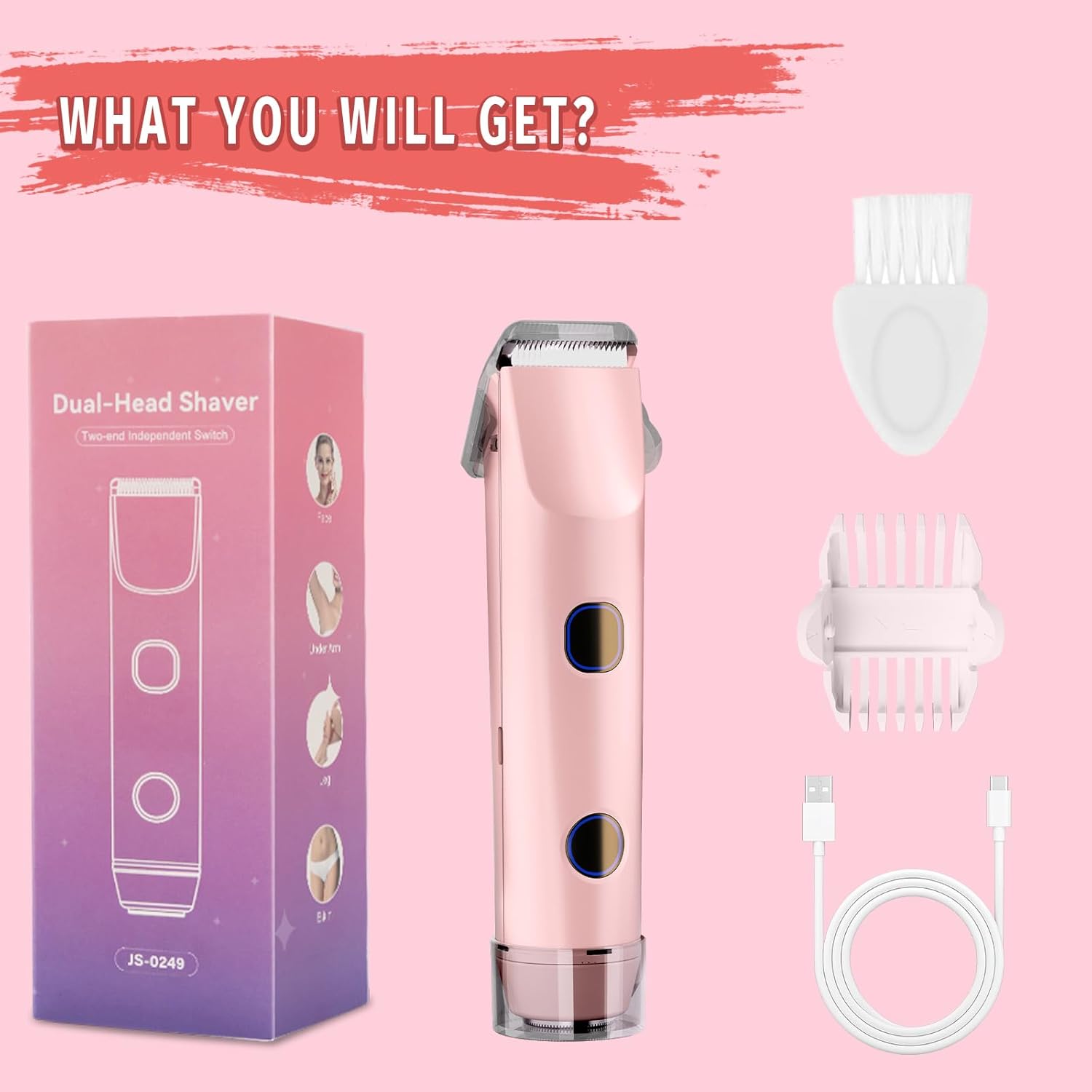 2-in-1 Bikini Trimmer for Women, Bikini Shaver with Dual Heads, Body and Facial Hair Removal, Cordless Rechargeable Electric Razors for Face Chin Pubic Underarm Legs, IPX7 Waterproof, Pink - Image 6