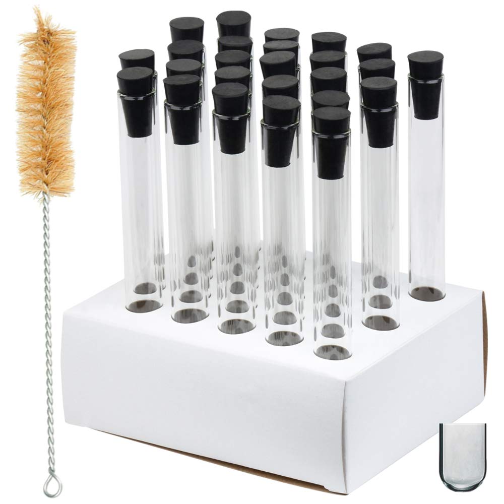 16x150mm Glass Test Tubes with Rubber Stoppers and Cardboard Rack, Cleaning Brush, Karter Scientific 212V9 (Pack of 25)