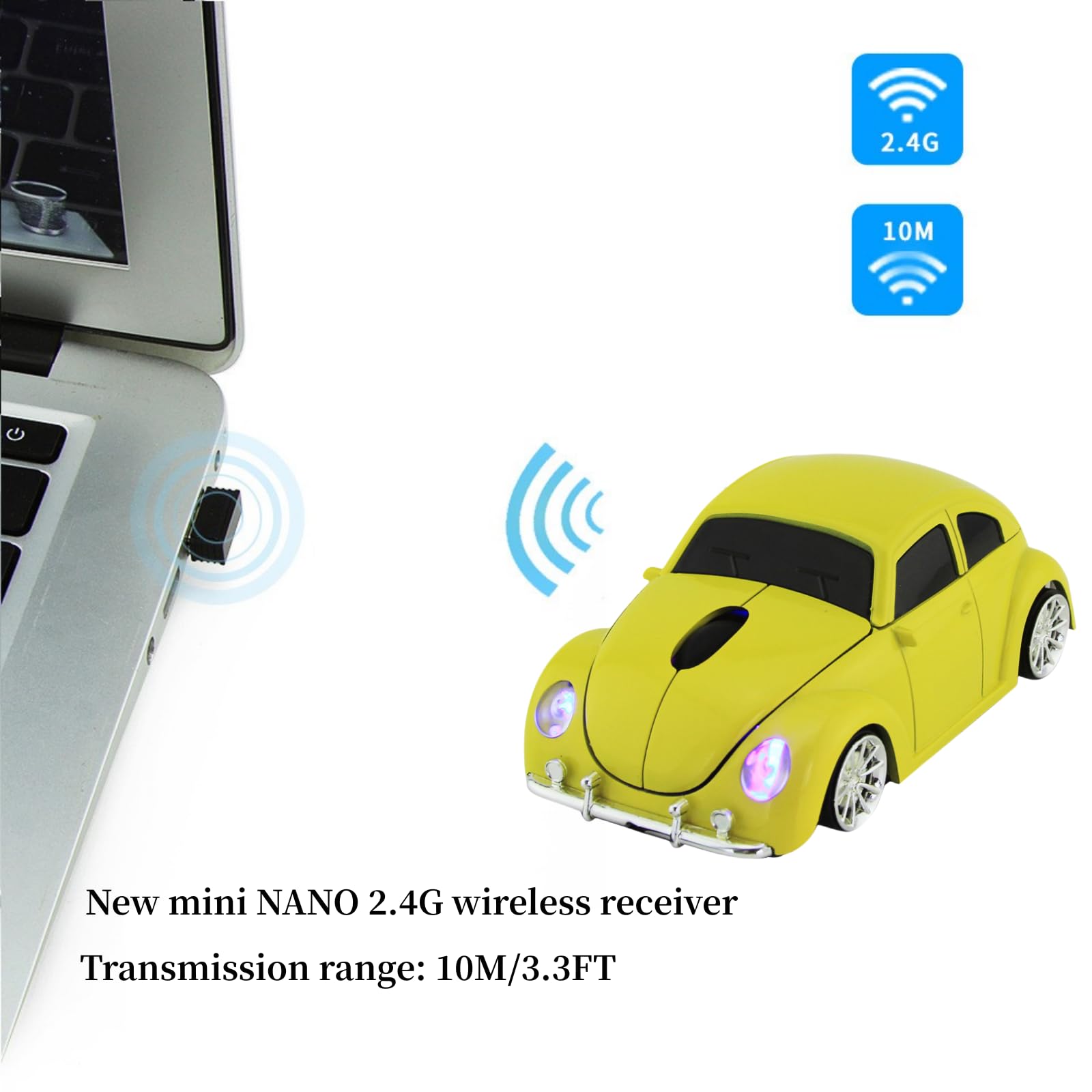 Ratón inalámbrico para coche, 2.4 GHz, con forma de coche, 3D, óptico, para juegos, con mini receptor USB para PC, portátil, computadora, Mac (A-amarillo)