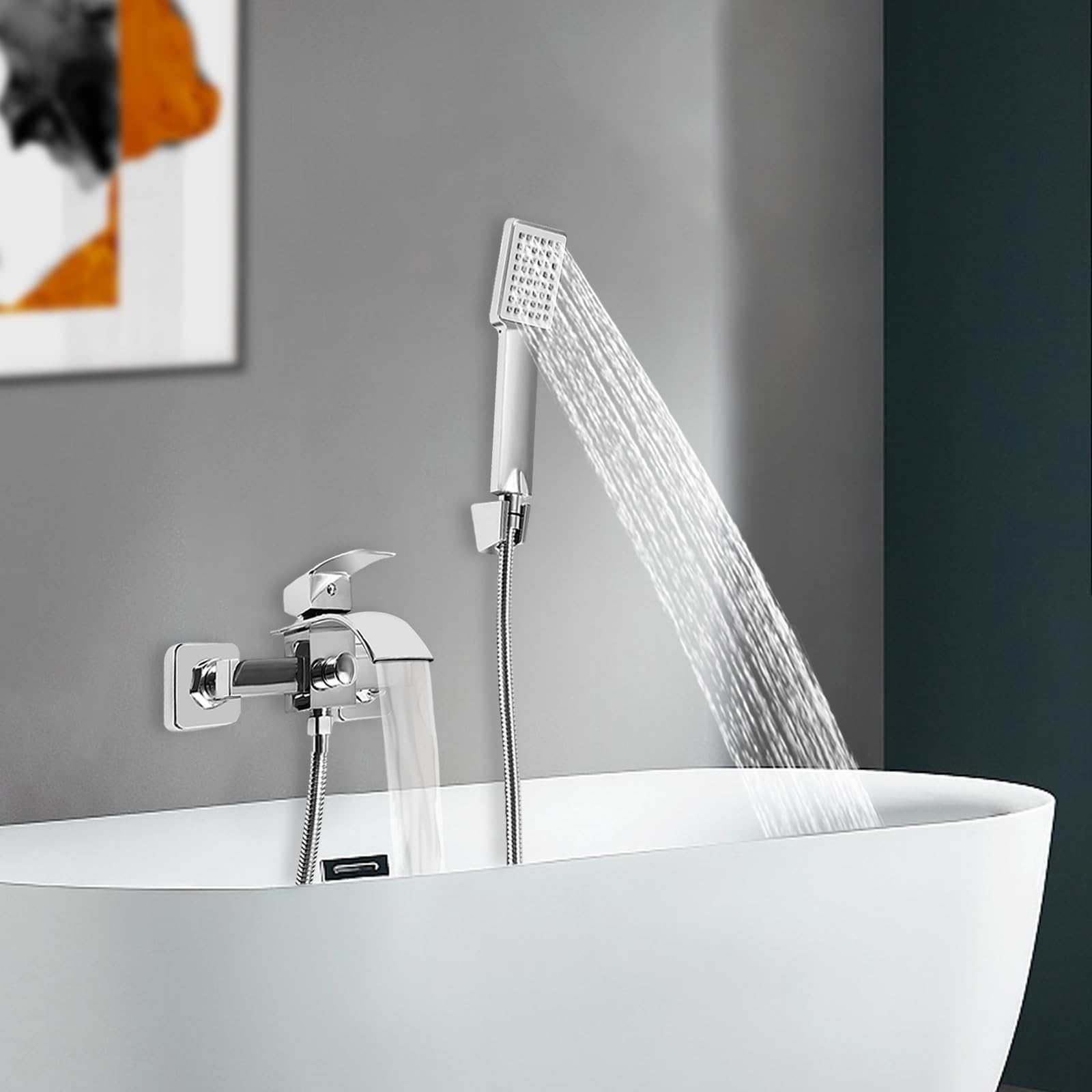 Alcachofa de ducha de alta presión, cabezal de ducha con manguera y 2 salidas de agua, soporte de pared con soporte de ducha con rosca de 1/2", de acero inoxidable, color plateado