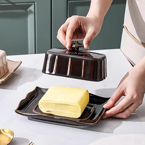 Miniatura 4 de Mantequillera de porcelana con tapa para encimera, contenedor de mantequilla de granja con mango de lujo, grande para mantequilla de la costa este y