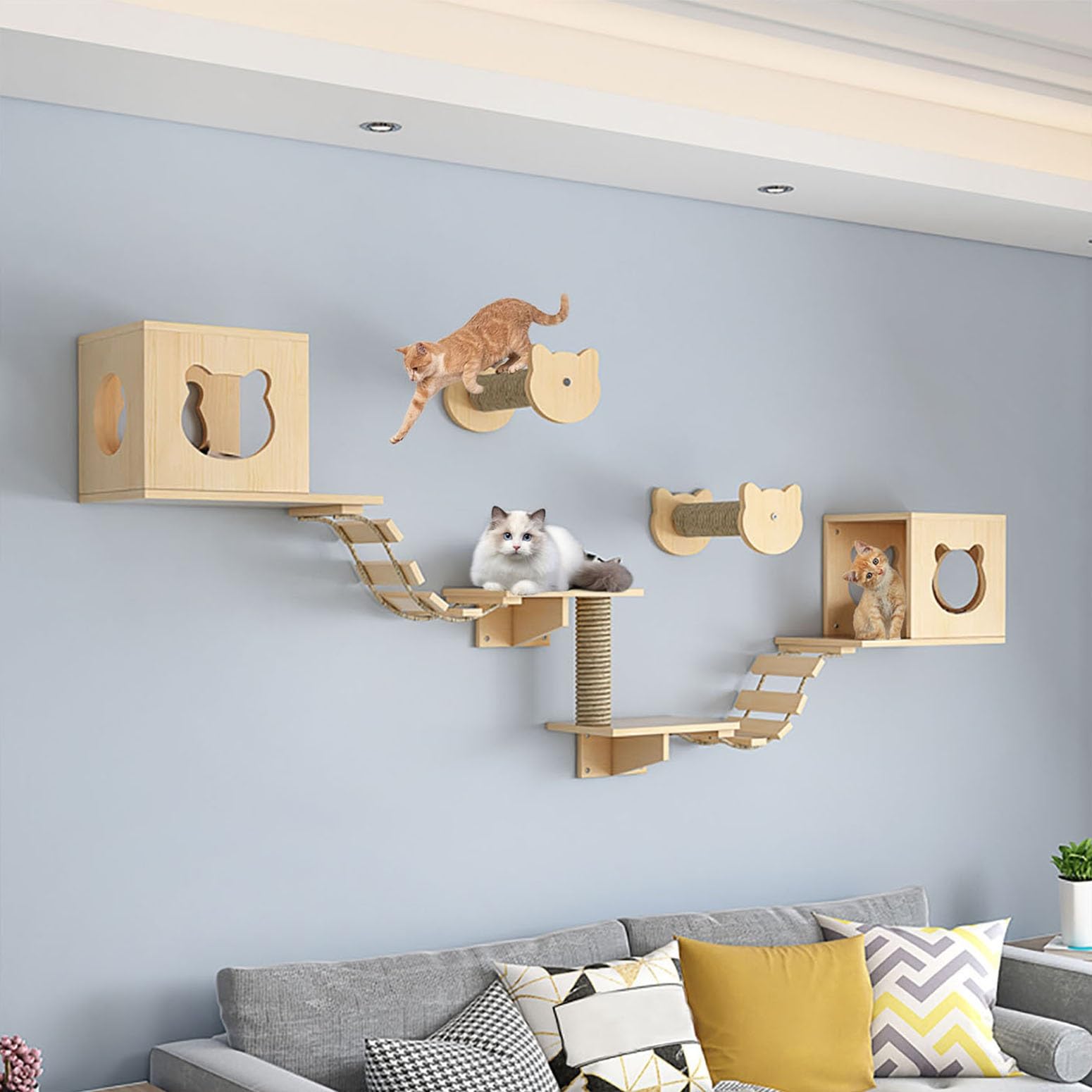 Katzenkletter- und Kratzmöbel-Set mit erweiterbaren Wandregalen und Plattformen für Indoor-Aktivitäten