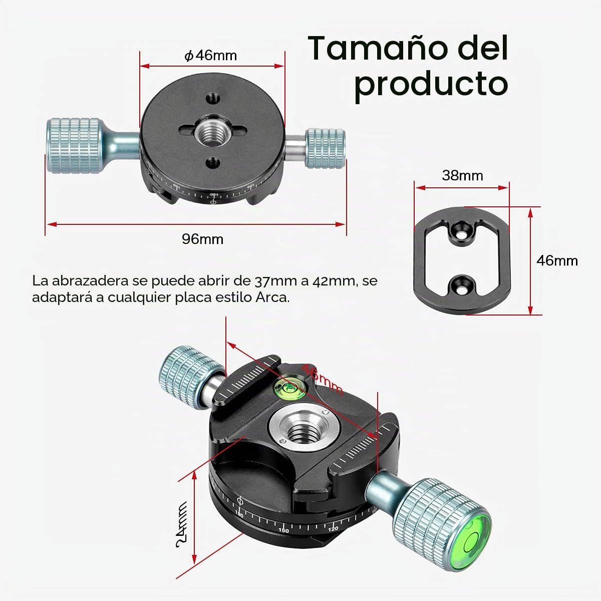 Koolehaoda 360 ° Mini Cabeza Panorámica Abrazadera de metal Compatible con RRS / Arca-Swiss Cabeza de bola Placa de liberación rápida, Trípode de cámara Cabeza de bola (H2 - Base panorámica)