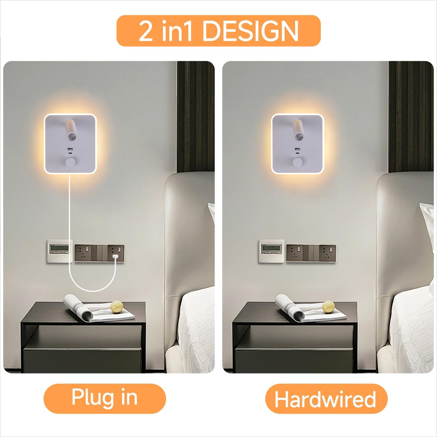 30W Fast Charging Plug-in Wall Sconces & Lamps with Dual USB-A/C Ports, Adjustable Reading Light, 2-in-1 Hardwired Design for Bedroom/Living Room, LED Wall Light Fixtures (White, 1 Pack)