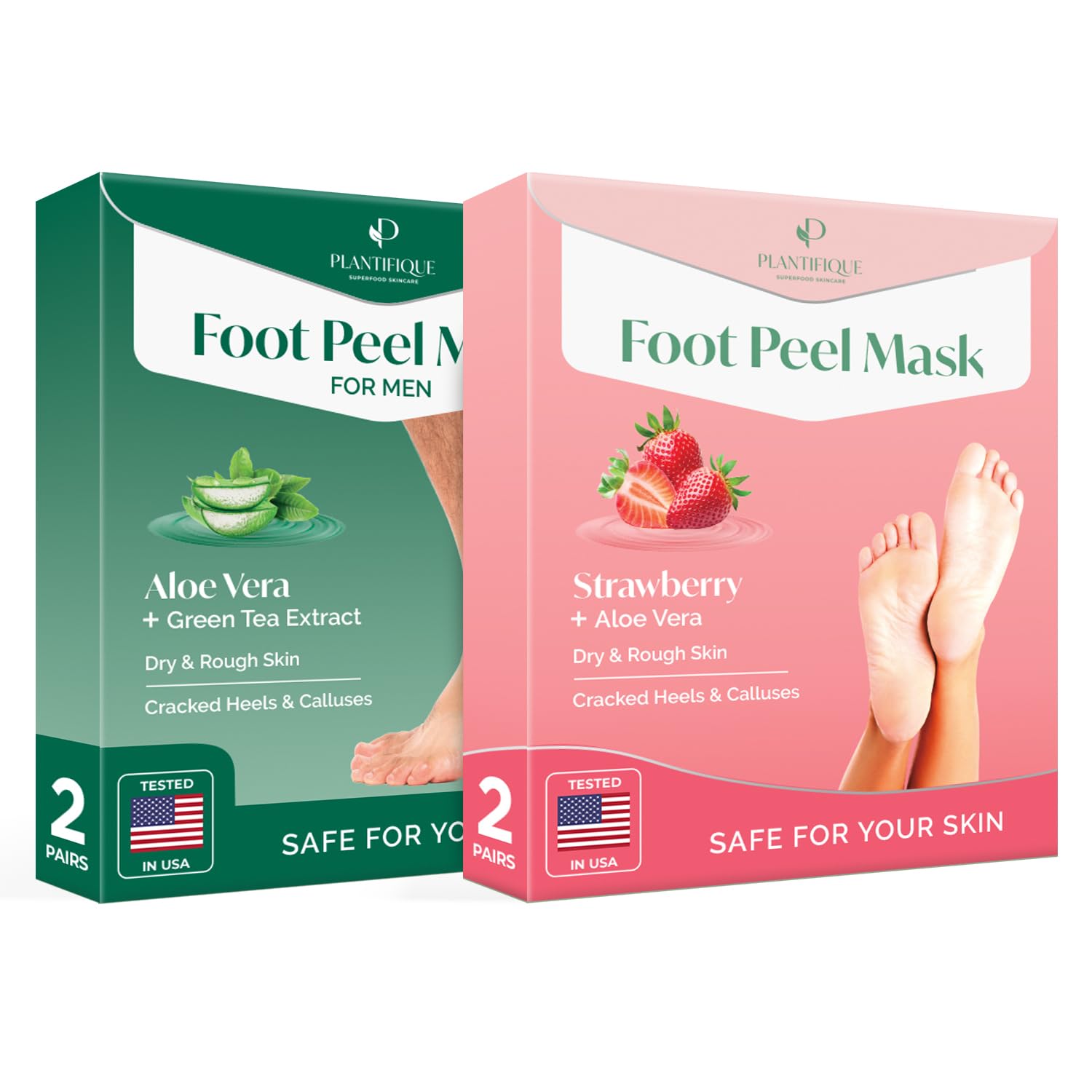 PLANTIFIQUE Maschera Piedi Esfoliante - Trattamento Calli e Duroni, Peeling Piedi Forte - Fragola 2 Paia & Maschera Piedi Esfoliante - Trattamento Calli e Duroni - Uomini 2 Paia