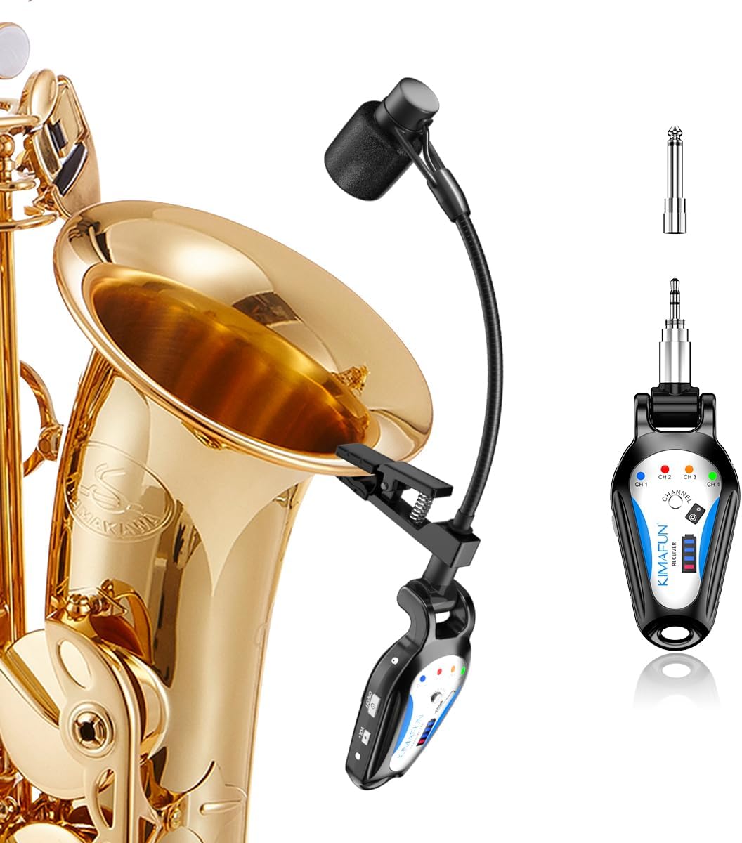 KIMAFUN Wireless Saxophone Microphone System, Clip-On Instrument Microphone for Sax Trumpet Audio Recording and Saxophonist Musicians Performances, Compatible with Audio Mixers, Speakers, PA Systems