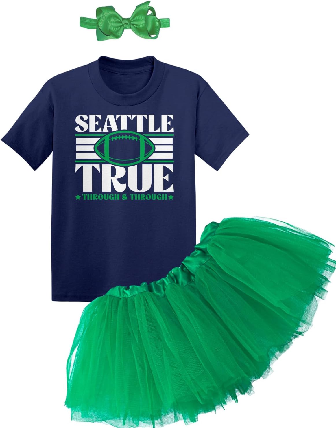 Tcombo Seattle True Through & Through Football Baby Bodysuit + Tutu Skirt + Bow Headband Set