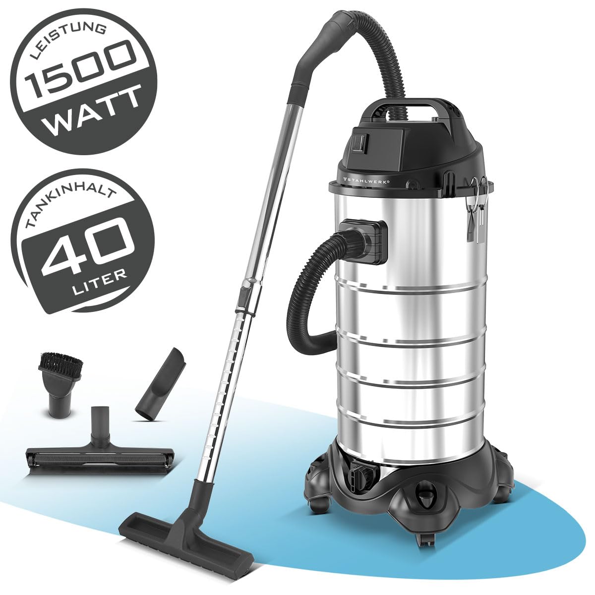 STAHLWERK Nass- und Trockensauger VCL-1500 ST, 1500 W Industriesauger | 40 l Edelstahlbehälter, Blasfunktion, Sicherheitsabschaltung, umfangreiches Zubehörpaket, robuster Werkstattsauger