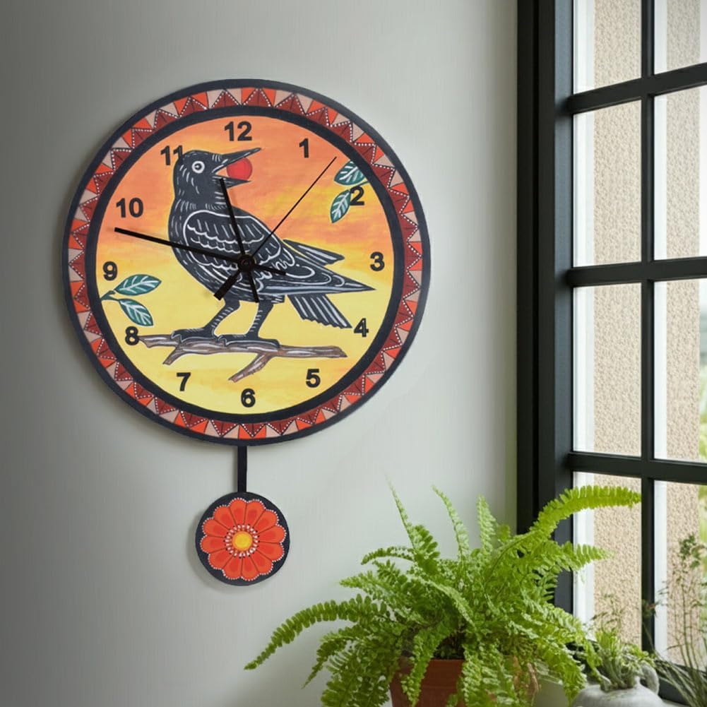 Sunrise Crow/Raven/Blackbird Round Wall Clock with Pendulum, 14.5" x 10.5", Artist Made in The USA