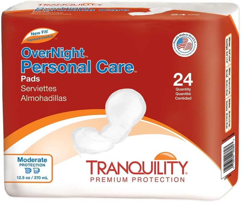 Tranquility Incontinence Personal Care Pads, Overnight Protection, Promote Dryness and Protect Against Leakage, Soft Lining & Adhesive Strip for Secure Fit in Underwear, 12.5oz Capacity, 96ct Case