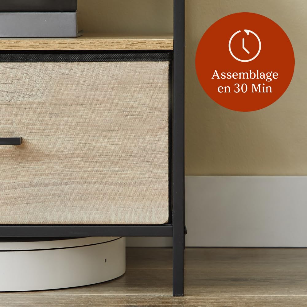 CASABEL Meuble TV 120 cm en métal Noir et Bois, Meuble de Salon avec 2 tiroirs en Tissu Rigide et étagères Ouvertes, Meuble Télé Solide, Design Pratique et résistant
