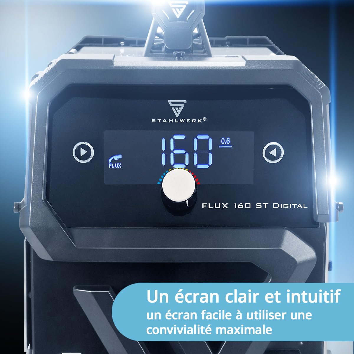 STAHLWERK Poste à souder FLUX 160 ST Digital – Combiné 3-en-1 160 A, soudage au fil fourré sans gaz, MMA (ARC), Lift-TIG (DC), dévidage synergique, éclairage LED, technologie IGBT