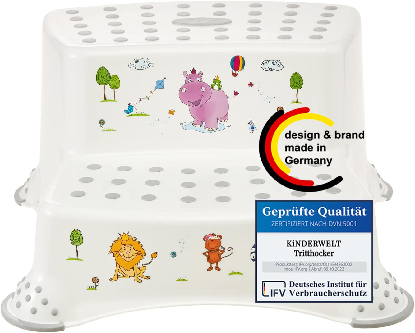 KiNDERWELT Premium zweistufiger Tritthocker für Kinder und Babys, Hippo Design in weiß, Tritthocker 2 Stufen für Kleinkinder ab 3 Jahren, abwischbar, rutschfest und BPA-frei