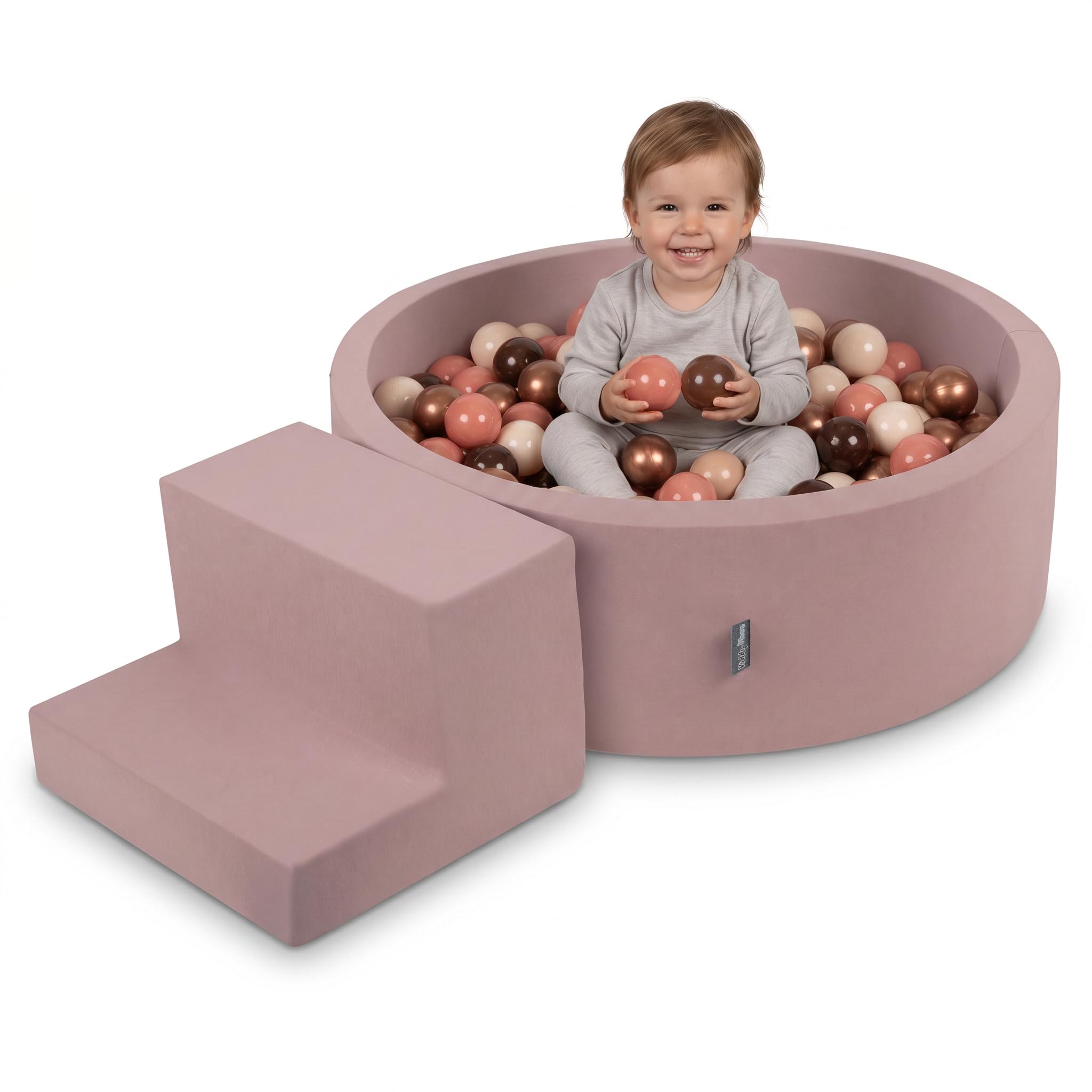 KiddyMoon Soft play set with ballpit 90x30cm and steps 100 balls 7cm foam playground for babies and toddlers - Heather: Brown Copper red Pastel beige Salmon