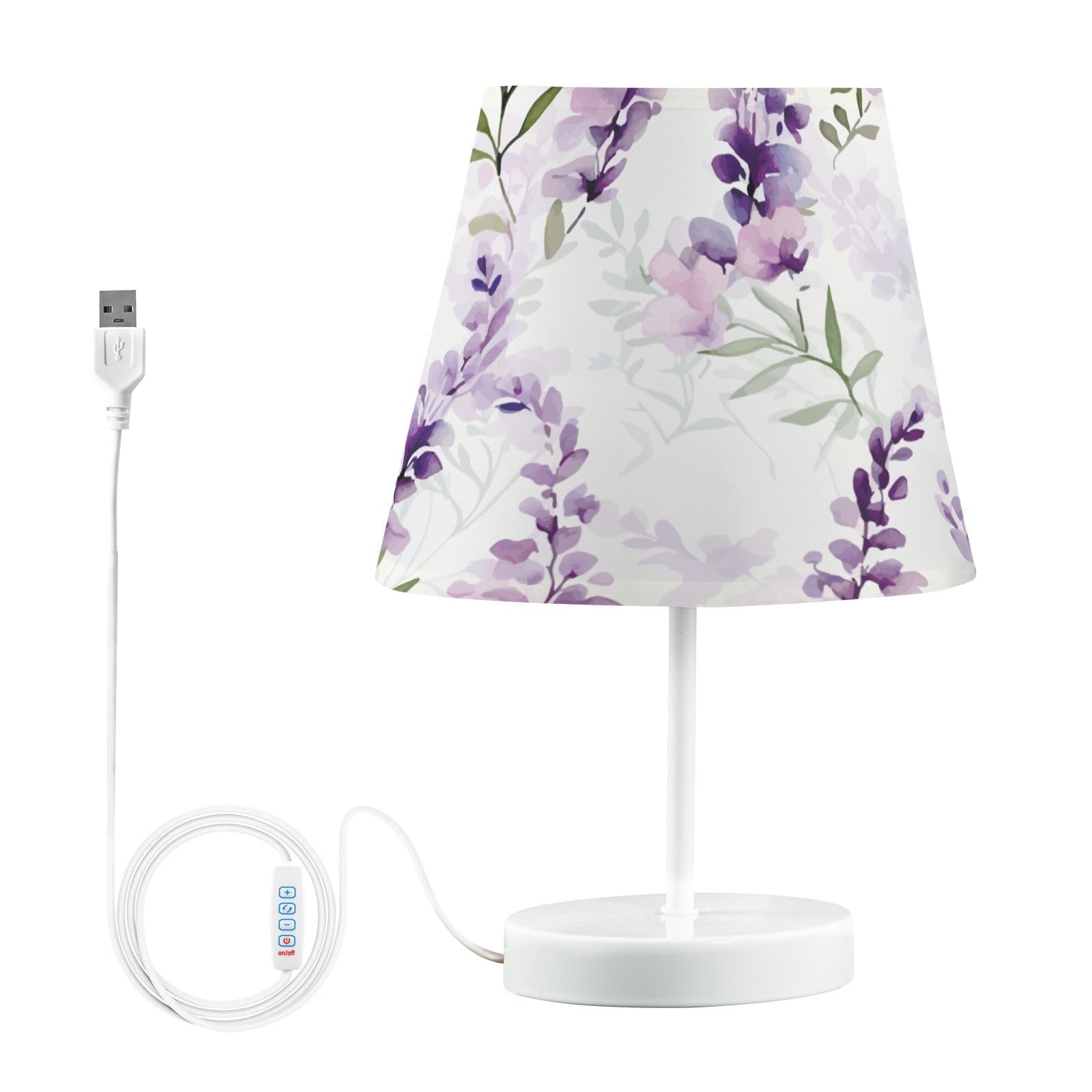 Mnsruu Bedside Table Lamps with USB Ports, Lavender Floral Plants Nightstand Desk Lamps for Bedroom, Living Room, Office,S