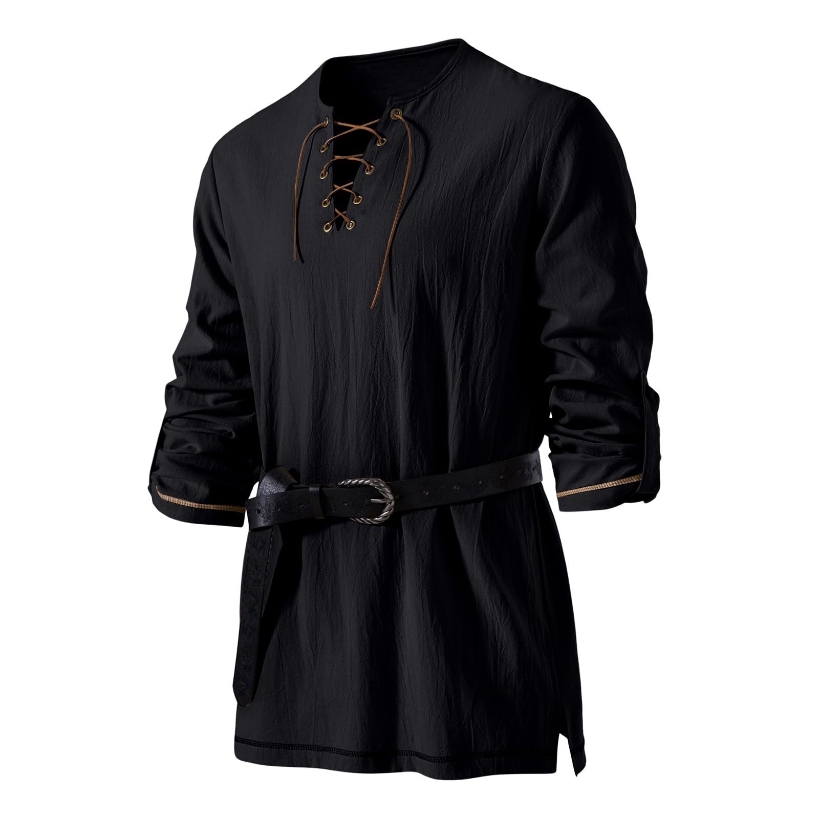 Cocila Men's Medieval Viking Pirate Renaissance Shirt with Belt Halloween Retro Shirts Cotton Linen Drawstring Vintage Cosplay Tops Loose Lace Up Shirts Black L
