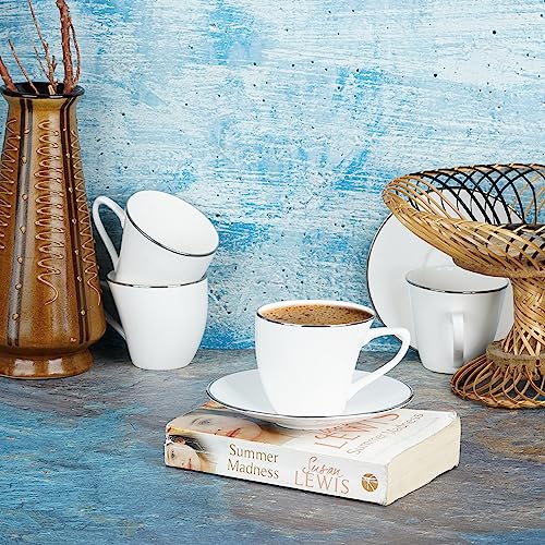 Image of Dandy Lines Alpine Platinum Band Cup and Saucer Set, Luxury Tea Cups with Saucer, Bone China, Pack of 12, Microwave & Dishwasher Safe, Great for Hosting & Gifting