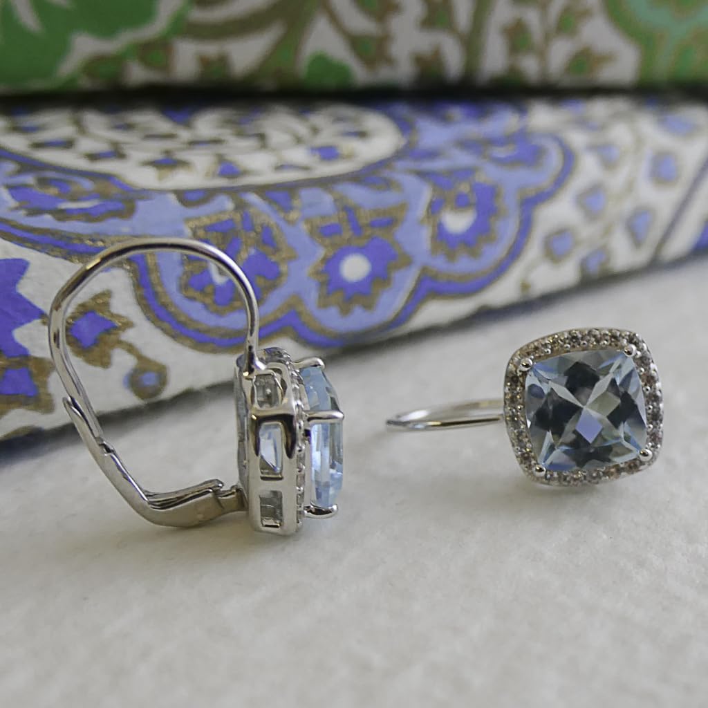 Blautopas Ohrhanger 925 Sterling Silber (Silber) | Kissenschliff Edelstein mit Zirkonia Halo - Handverlesener Naturstein - Geschenkidee fur Frauen - Designed in Norwegen