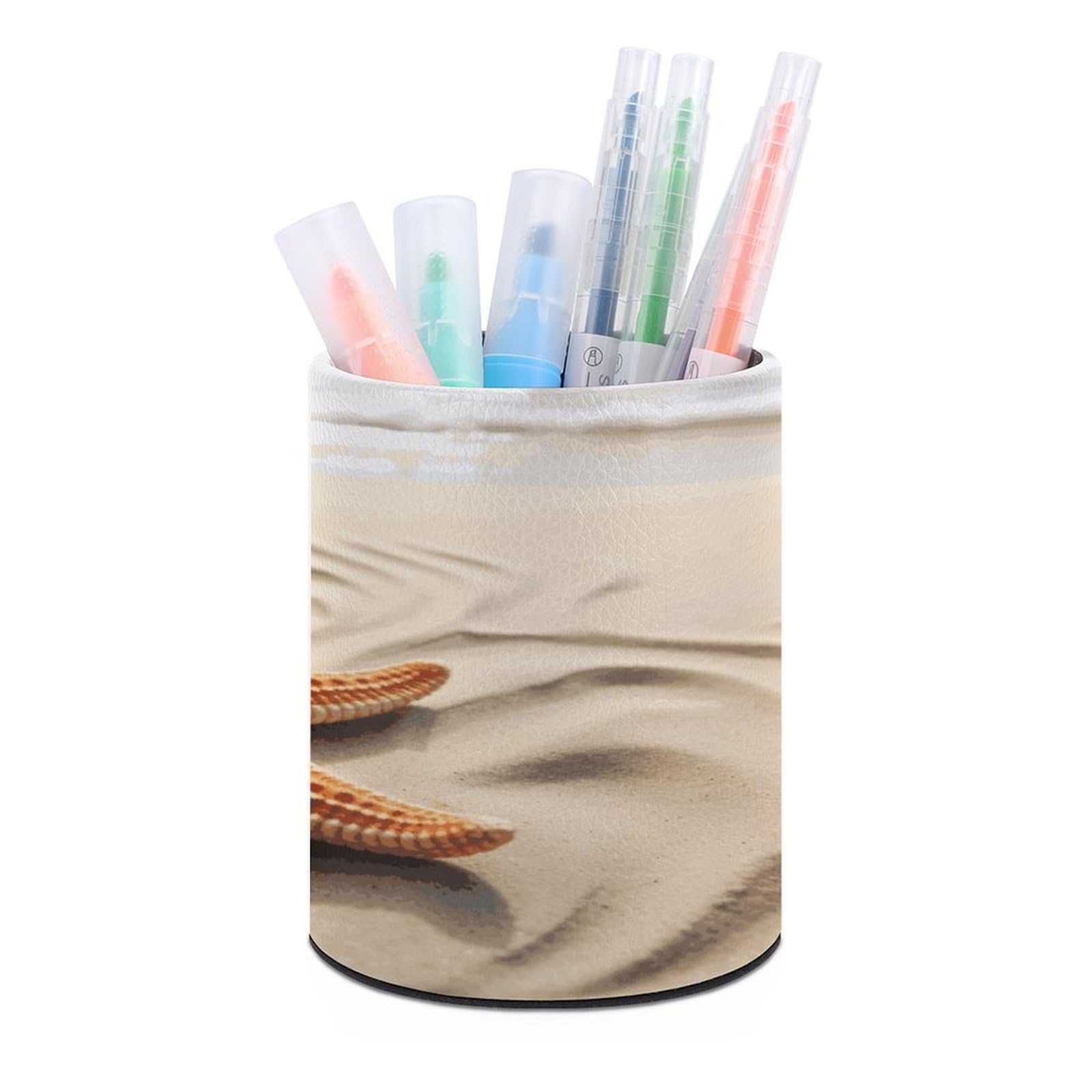 LDGSUPH Starfish on The Sand Beach Landscape Round Pen Holder Leather Pen Cup Pencil Cup Pen Organizer Pencil Holder for Desk Organizer Pencil Organizers Makeup Brush Holders for Home Office Gift