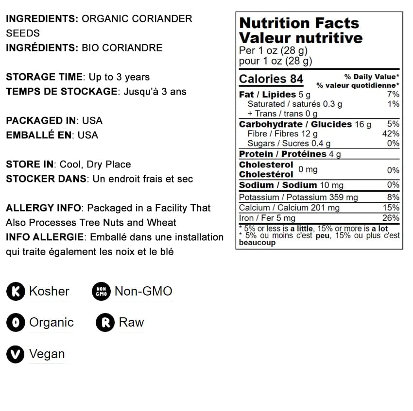 Miniatura 4 de Semillas de cilantro orgánico, 6 onzas, enteras, sin OMG, sin irradiar, veganas, secas, a granel, altas en fibra dietética, cobre, manganeso,