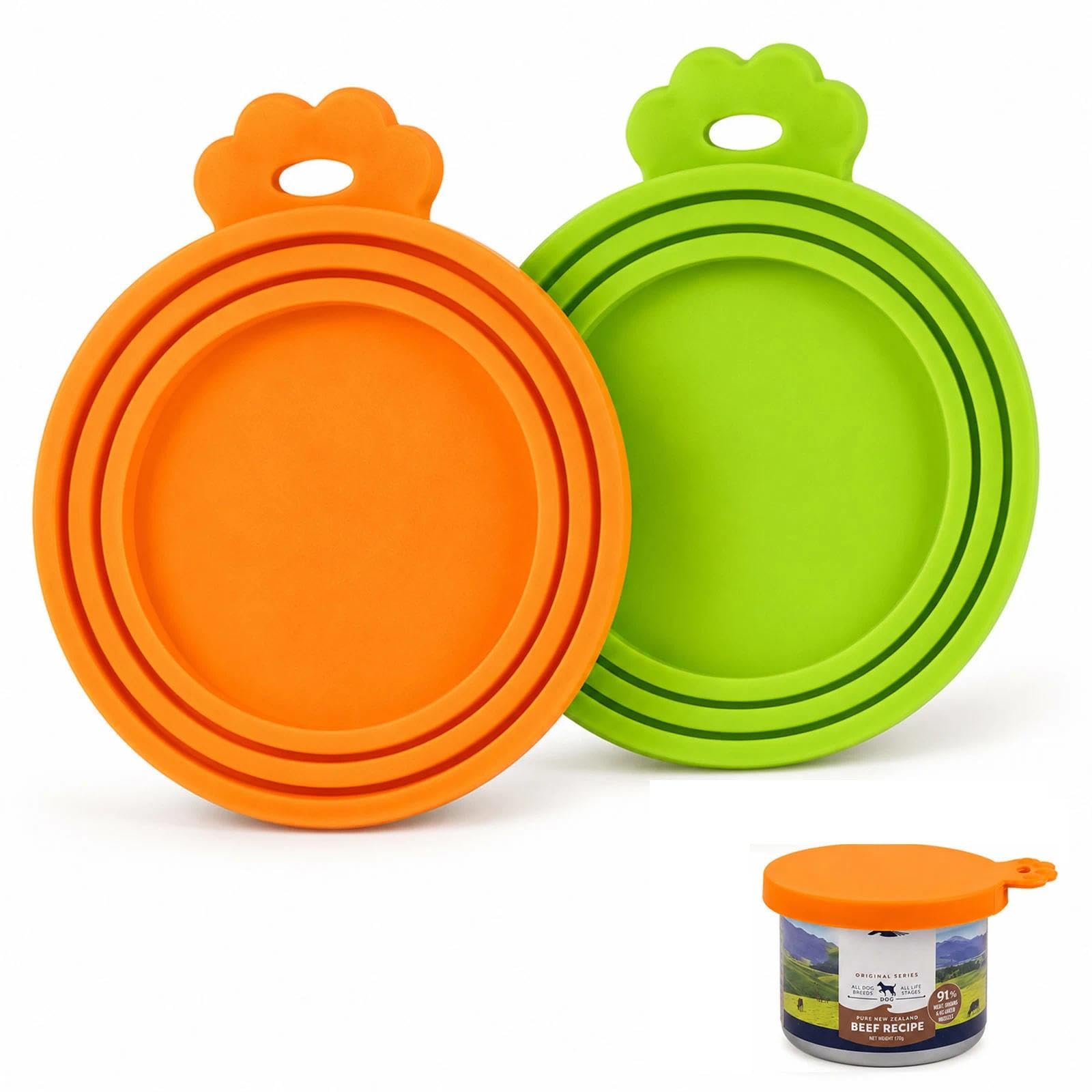 FYHJNC 2 Packs Silicone Pet Can Covers, Universal Size for Dog Cat Wet Food, 1 Fits 3 Standard Can Tops, BPA Free Dishwasher Safe (Orange, Green)