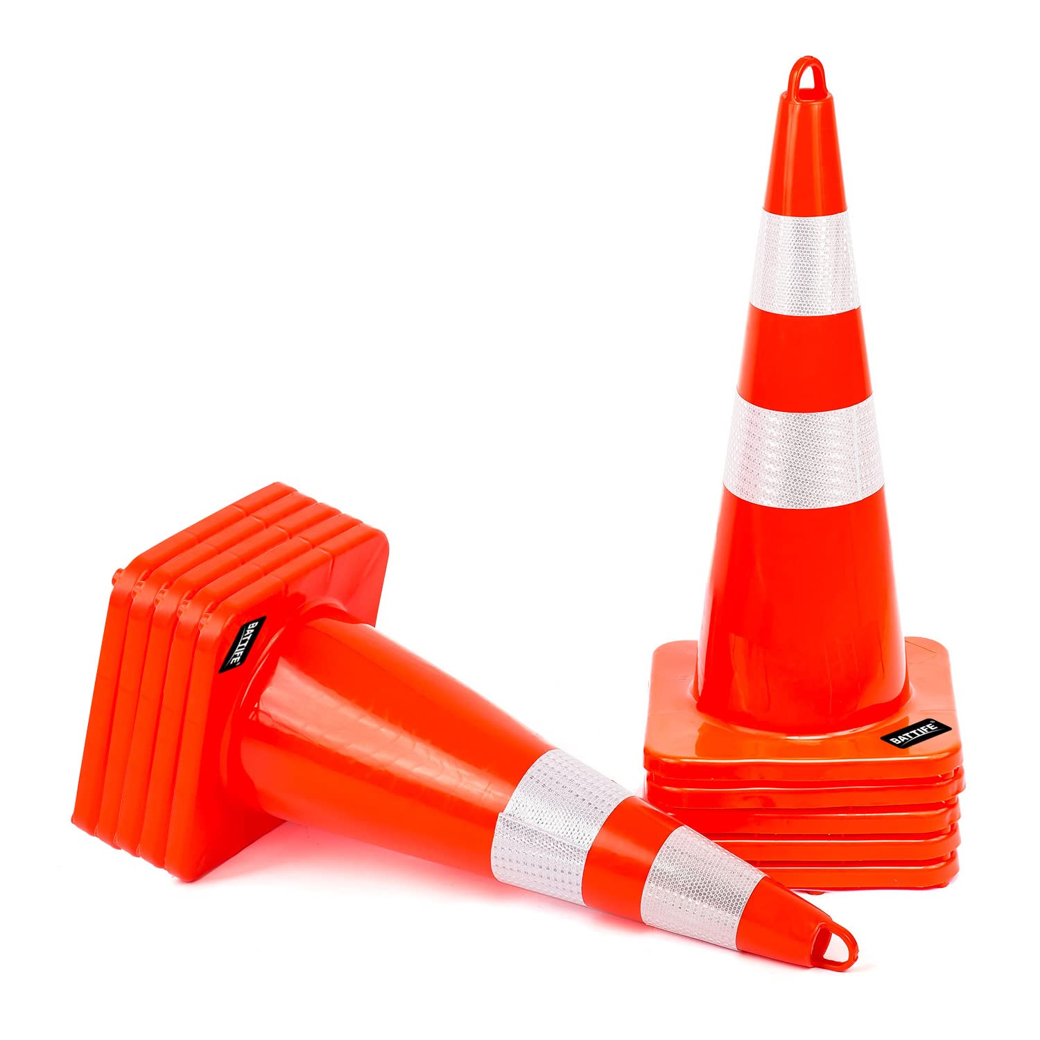 BATTIFE - 10 conos de seguridad de 71,1 cm de largo con collares reflectantes, cono naranja pvc para monitoreo de tráfico, estacionamientos