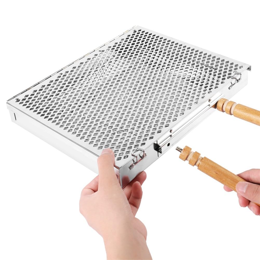 Griglia in acciaio inox con manico rimovibile in legno resistente al calore per pollo, pesce, verdure, 30,5 x 25,5 x 4 cm