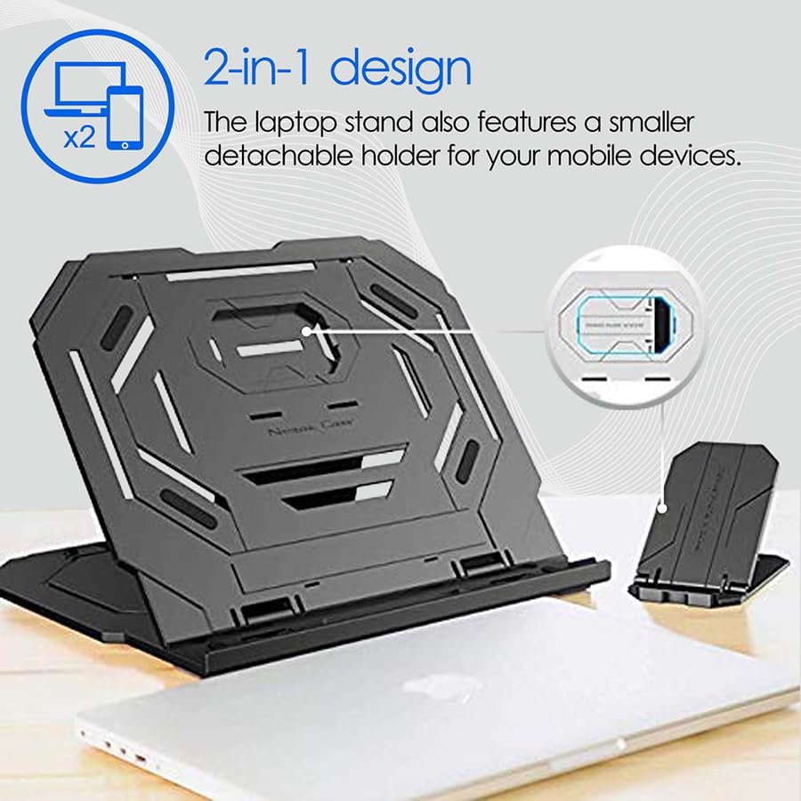 Image of URBAN KINGS Abs Plastic Laptop Stand & Mobile Phone Holder for Desk, Adjustable 10 Angle Laptop Riser for Laptops MacBook Pro and Air 13 inch 14 inch 15.6 inch 17 inch, Desktop Ergonomic (Black)
