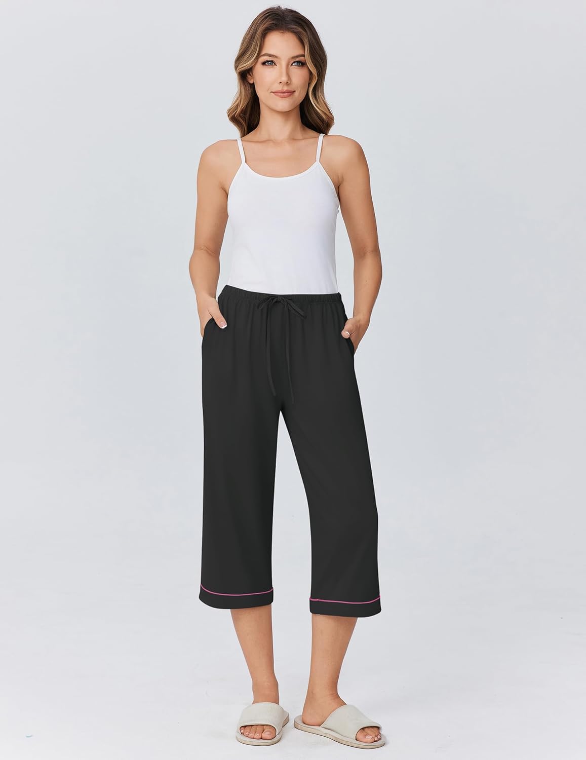 Ekouaer Womens Pajamas Pants Capri Pj Bottoms with Pockets Comfy Drawstring Printed Lounge Soft Sleep Pants - Image 3