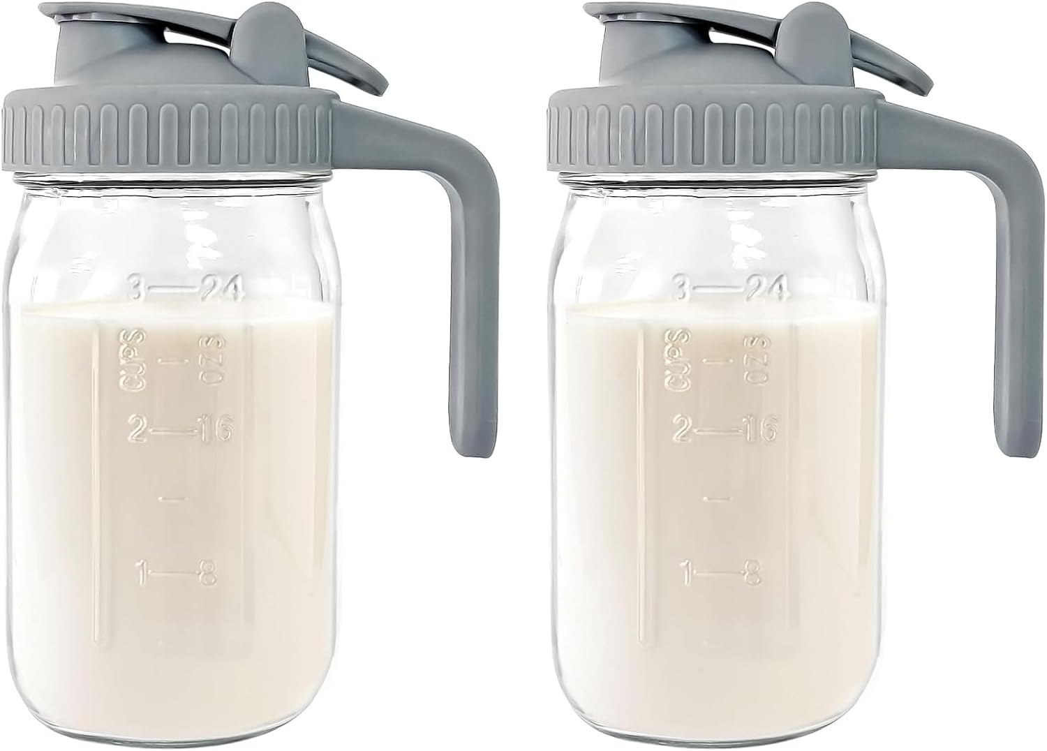 Breast Milk Pitcher - 32 oz Glass Mason Jar with Dual Leak-Proof Design, Airtight Seal, Pour Spout & Handle, Storage Container for Breastmilk, Iced Tea & Ice Drinks（2Pack Gray）