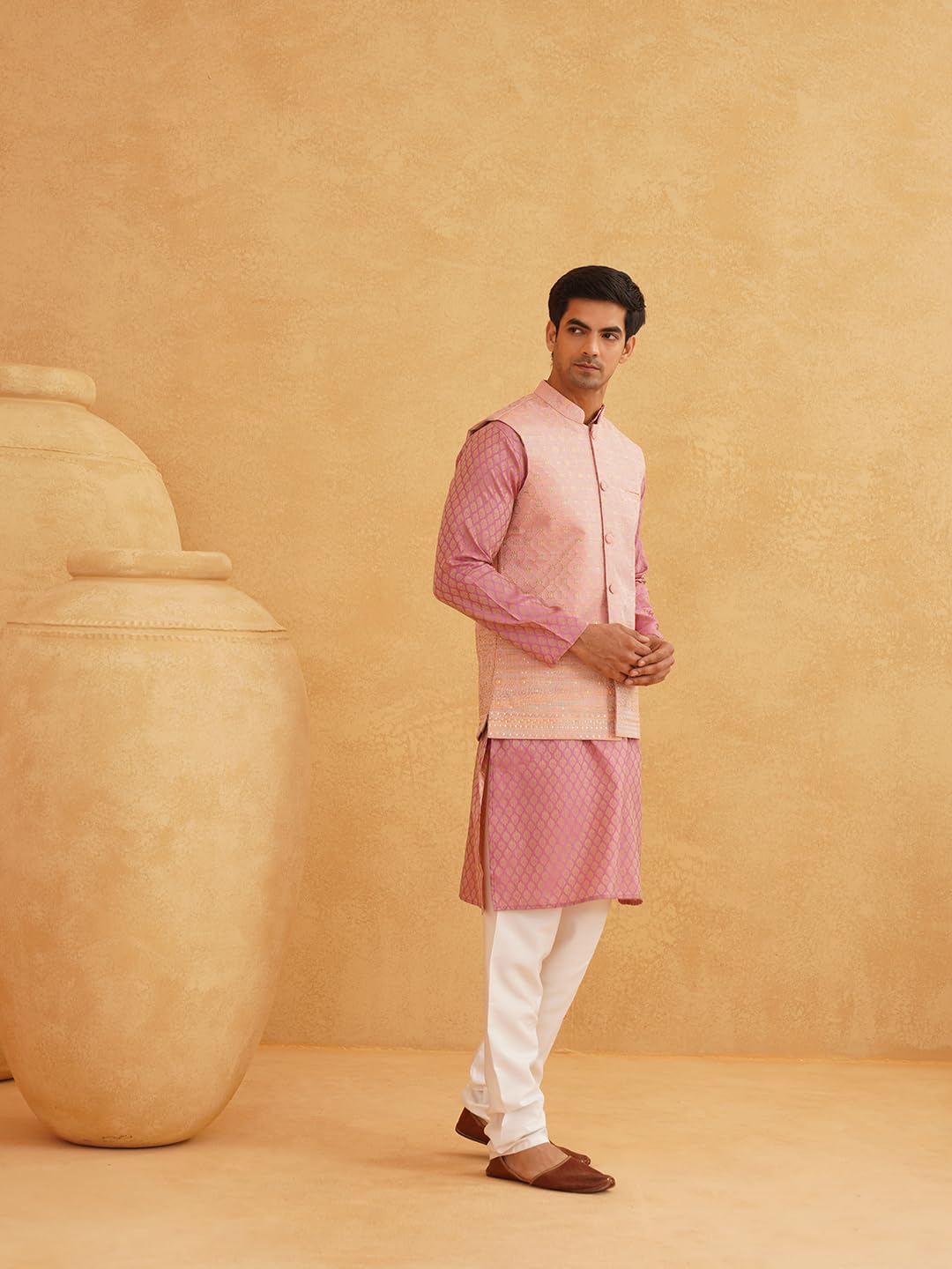 Sojanya (Since 1958 Men's Pink Woven Design Silk Blend Kurta With Pyjama & Pink Nehru Jacket