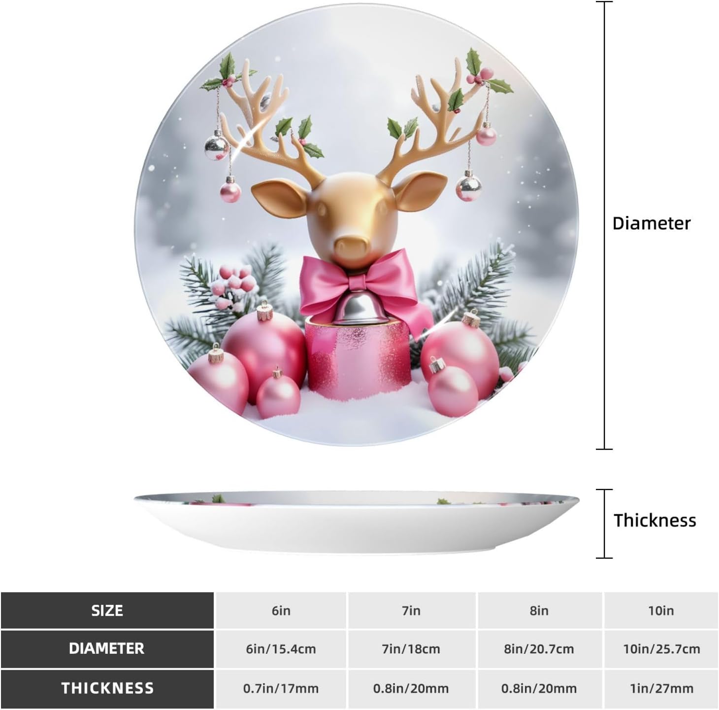 Pink Christmas Reindeer Decorations Style Ceramic Plate Display Decorative Plate With Stand Wall Hanging Plate For Home Decor 10 Inch