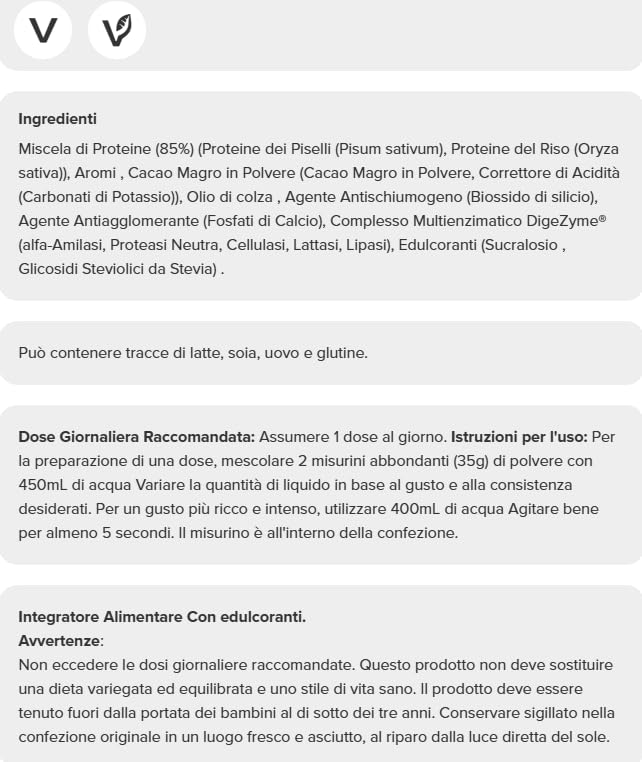 Vegan Protein 700 gr - proteine vegane a base di piselli, riso (700 grammi, cioccolato e nocciole)