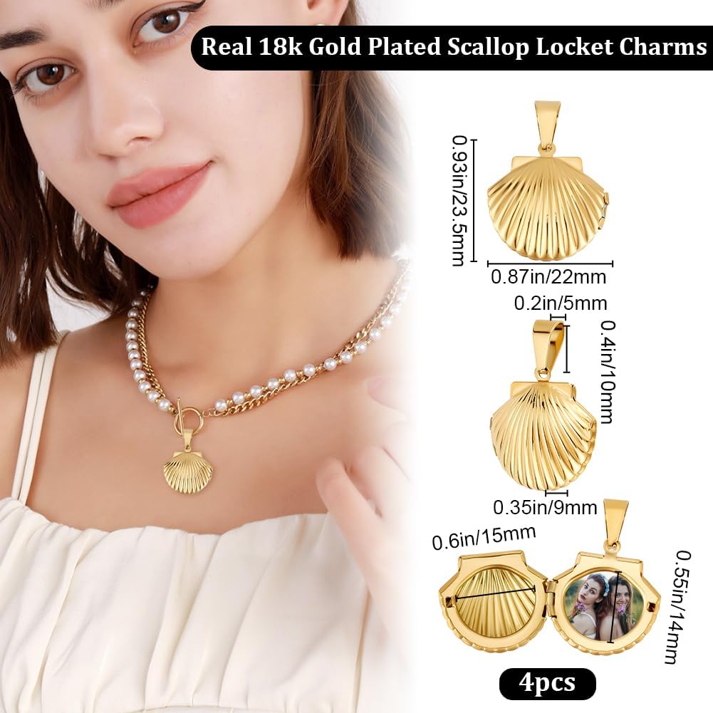 Beebeecraft 1 Box 4Pcs Photo Frame Charms 18K Gold Plated Stainless Steel Scallop Locket Pendants Charm for Jewellery Making DIY Craft
