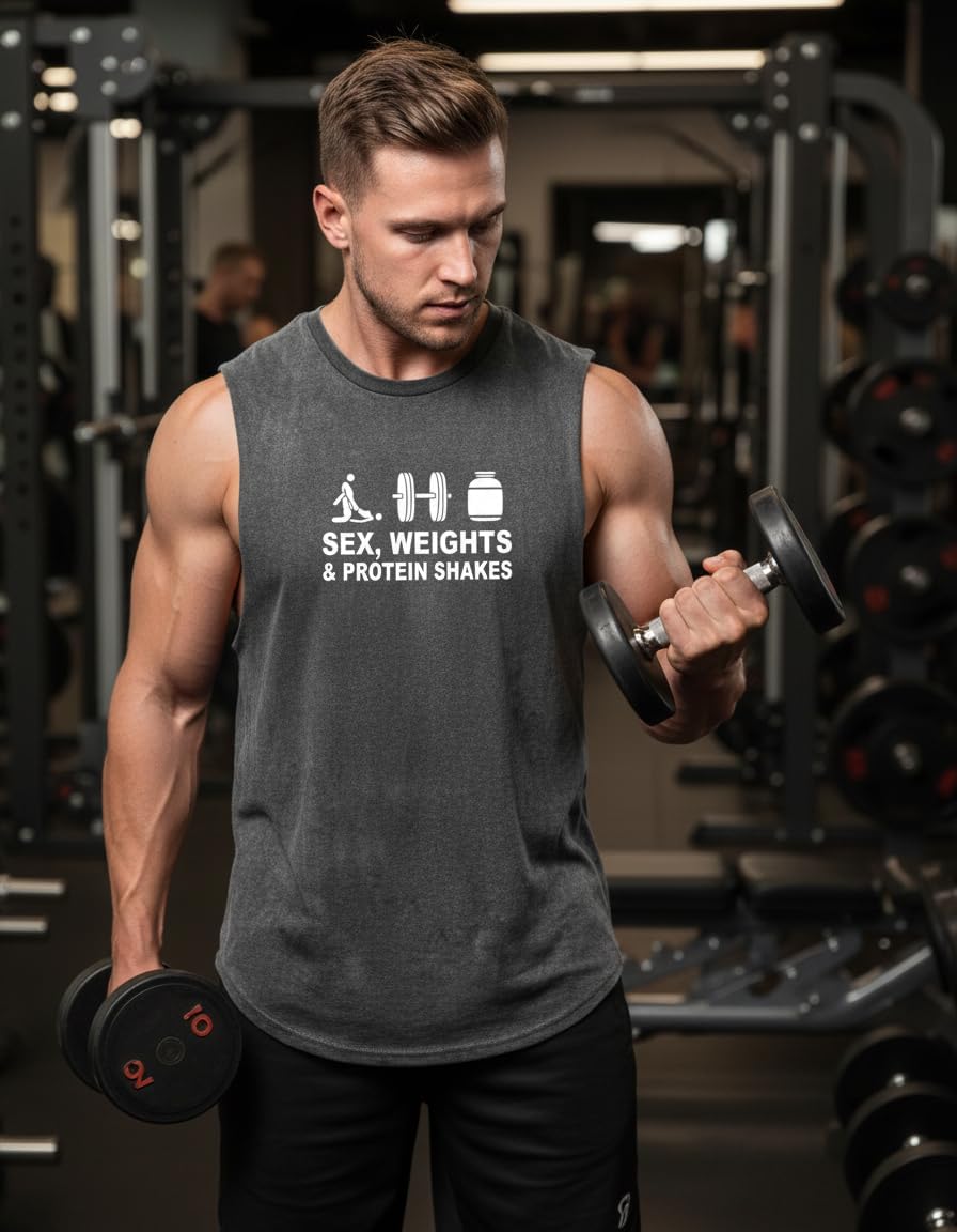 Sex Weights & Protein Shakes Scoop Bottom Cotton Tank,Novelty Sleeveless T-Shirt,Fitness Heavy Duty Training Tank Top