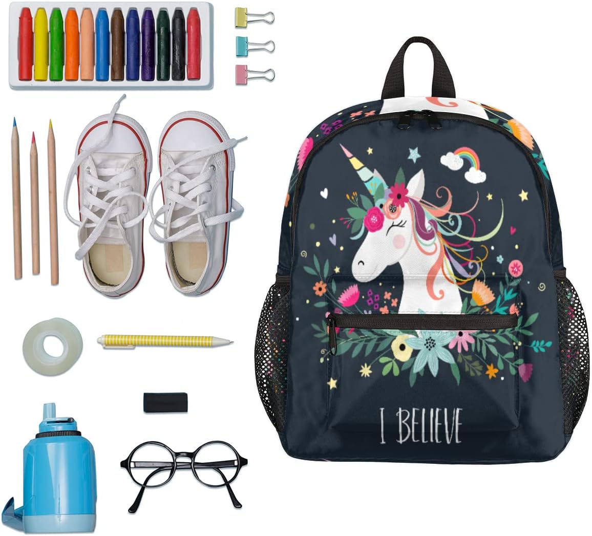 Toddler Backpack for Boys and Girls, 12 inch Kids Backpacks, Preschool Kindergarten Elementary School Children Booklbag Nursery Travel Bag with Chest Strap, Floral Unicorn