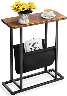 Side Table for Small Spaces, End Table with Magazine Holder, Narrow Side Table for Living Room, Small Table with Metal Frame, Small Bedside Tables for Bedroom, Slim Couch Side Table